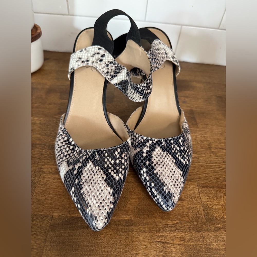 Franco Sarto Black and Cream Snakeskin Heels